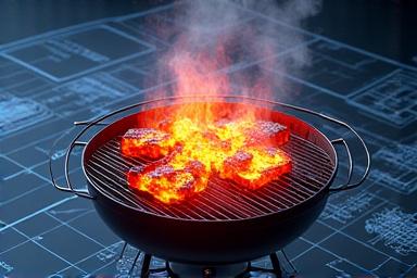 グリルの設計図と熱流体力学のシミュレーション画面